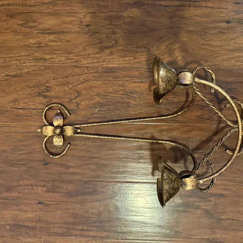 Vintage Double Wall Sconce Metal Candle Holder Italian Tole Rose Flower